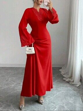 Red Lace-Trim Long Sleeve Maxi Dress